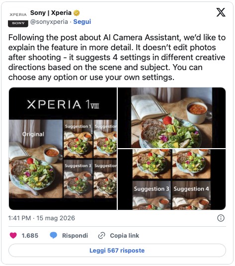 Sony Xperia 1 VIII: l'azienda interviene sulla funzione AI Camera Assistant ma scatena i meme