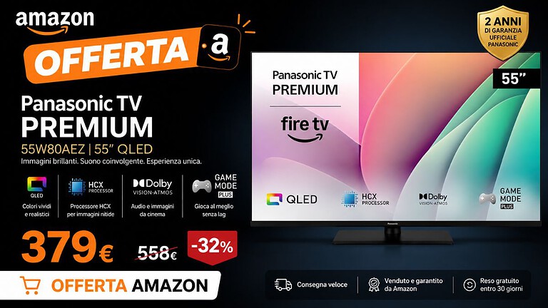 Panasonic QLED 55 pollici a 379€ su Amazon: prezzo mai visto prima