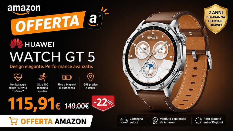 Huawei Watch GT 5 a 115€ su Amazon: lo sconto che non ti aspettavi