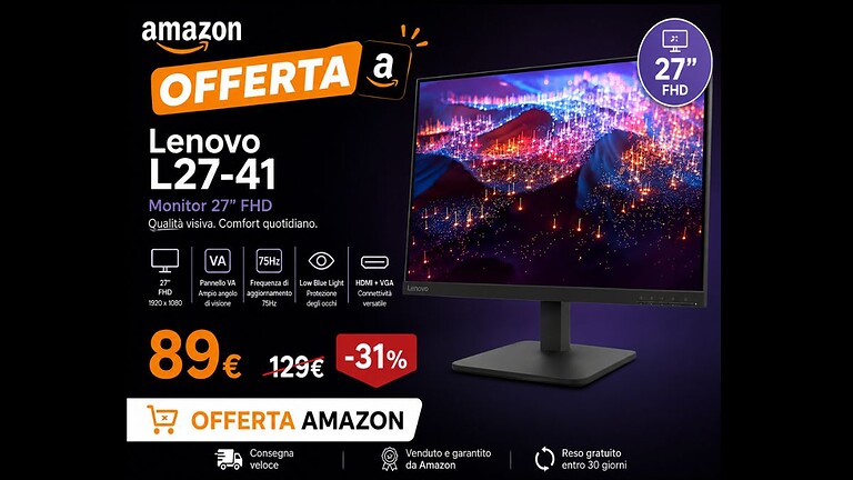 Lenovo monitor 27 pollici FHD a meno di 90€: offerta che non dura