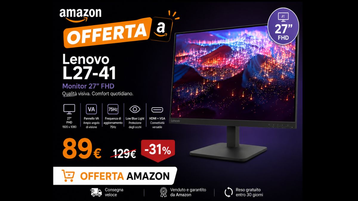 Lenovo monitor 27 pollici FHD a meno di 90€: offerta che non dura