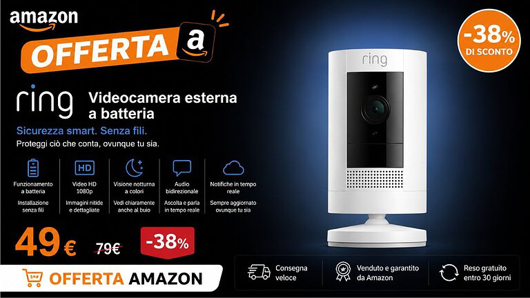Ring videocamera in offerta su Amazon: sconto del 38% a tempo limitato