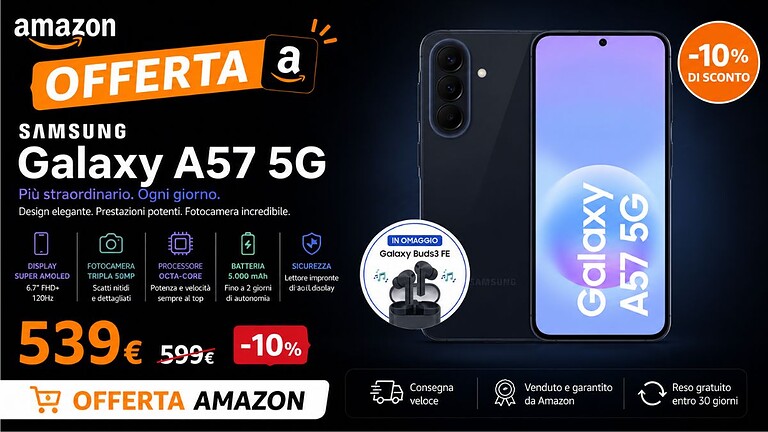 Samsung Galaxy A57 5G già in sconto su Amazon con auricolari gratis