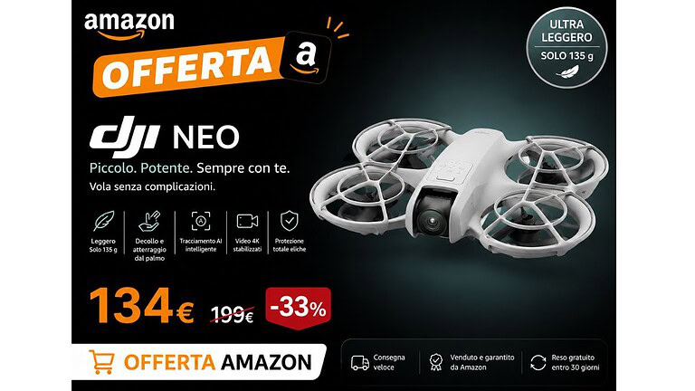 DJI Neo al minimo storico su Amazon: drone 4K a soli 134 euro