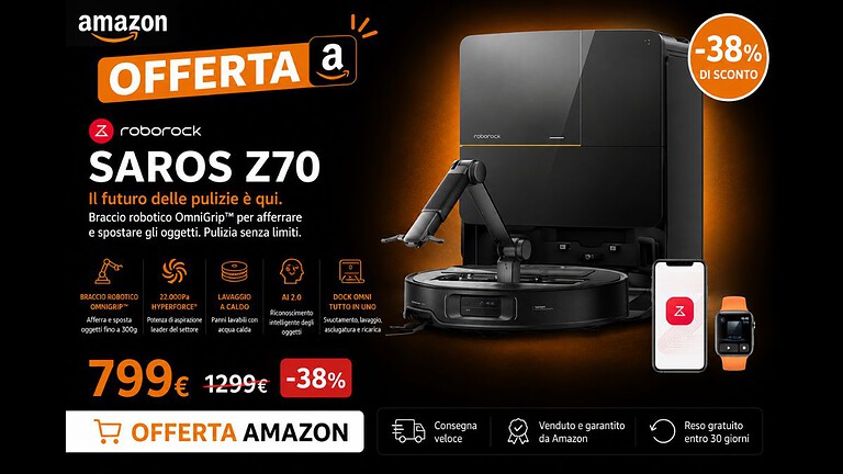Roborock Saros Z70 a 799€: minimo storico per il robot con braccio