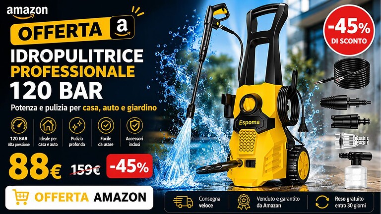 Idropulitrice Espoma 1400W crolla a 88,99€ su Amazon: è un affare