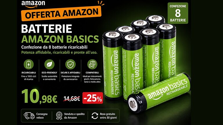 Batterie ricaricabili Amazon Basics AA: 8 pezzi a meno di 11€ (-25%)