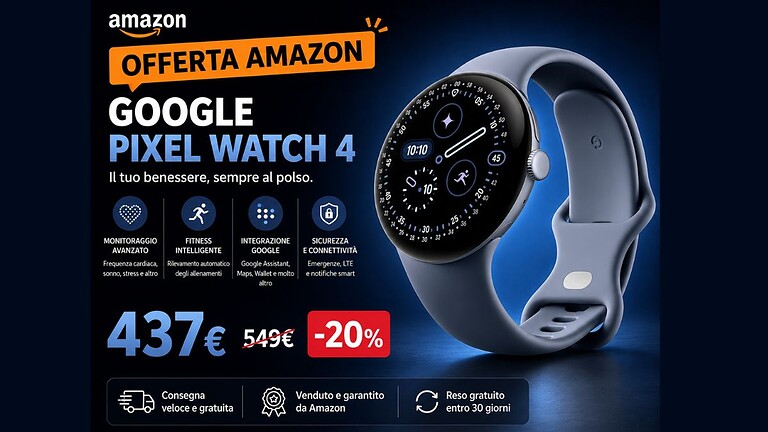 Google Pixel Watch 4 LTE 45mm: sconto del 20% su Amazon
