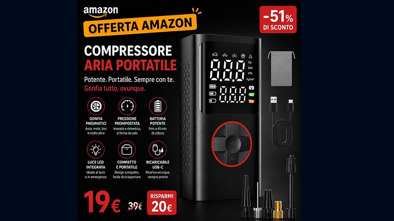 Compressore aria portatile a metà prezzo su Amazon: meno di 20 euro
