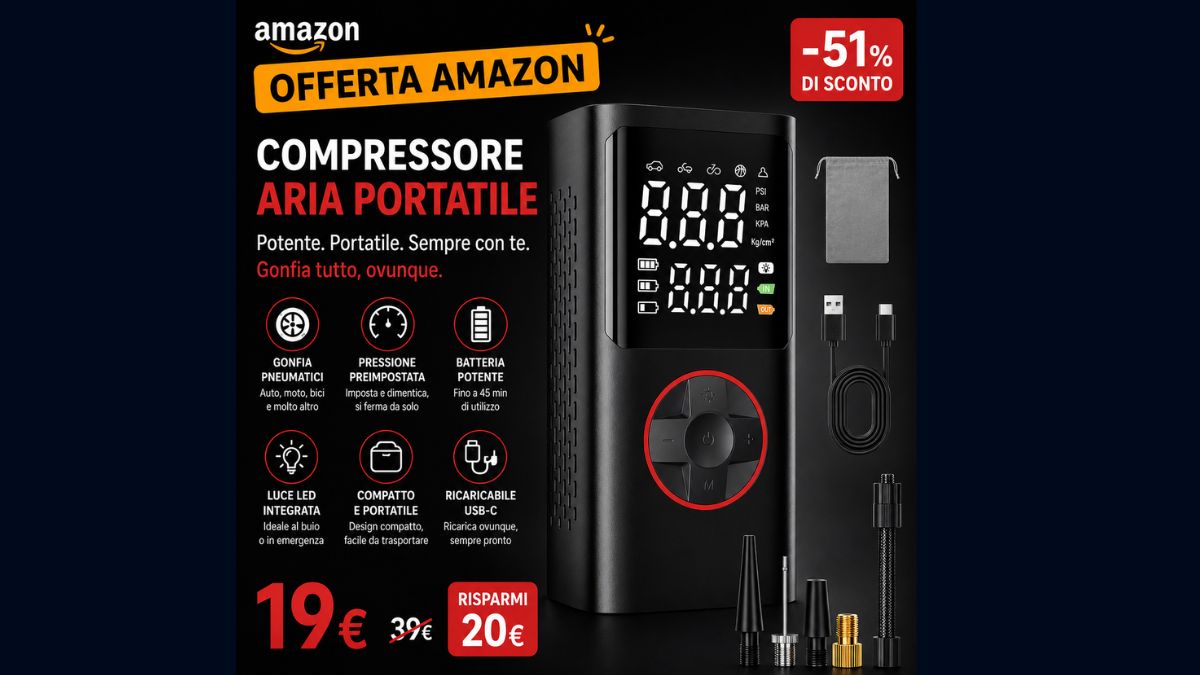 Compressore aria portatile a metà prezzo su Amazon: meno di 20 euro Compressore aria portatile a metà prezzo su Amazon: meno di 20 euro