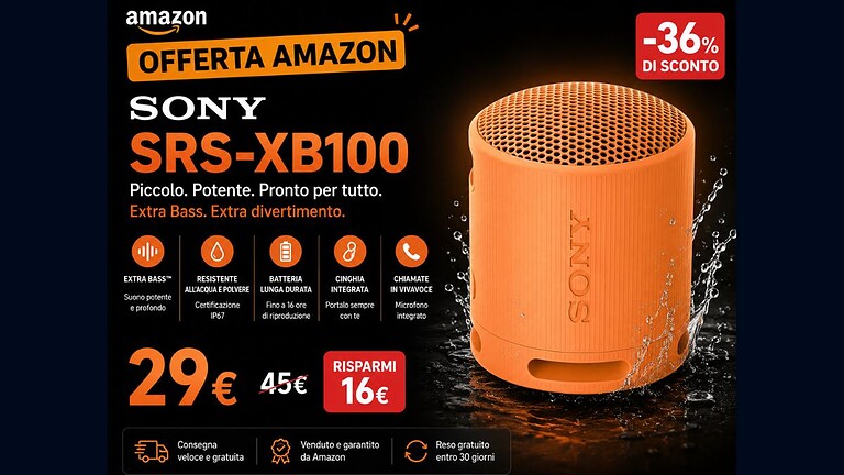 Sony SRS-XB100 a 29€ su Amazon: il prezzo è quasi da record