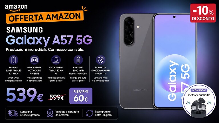 Samsung Galaxy A57 5G in offerta su Amazon: il regalo è pazzesco