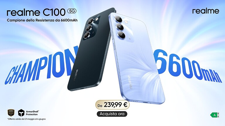 realme C100 5G è ufficiale in Italia: batteria da 6.600 mAh e MIL-STD 810H da 239,99 euro