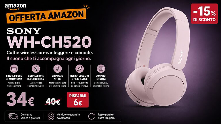 Sony WH-CH520 a 34,90€ su Amazon: 50 ore di autonomia a nulla