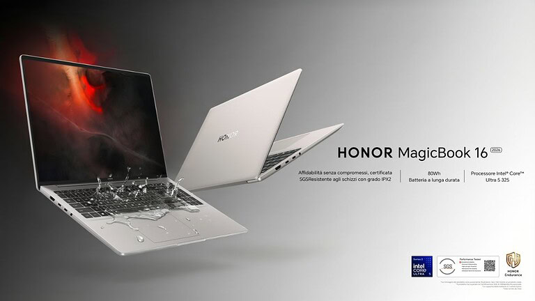 HONOR MagicBook 16 disponibile da oggi a 1.199 euro: Intel Panther Lake e 14 ore di autonomia