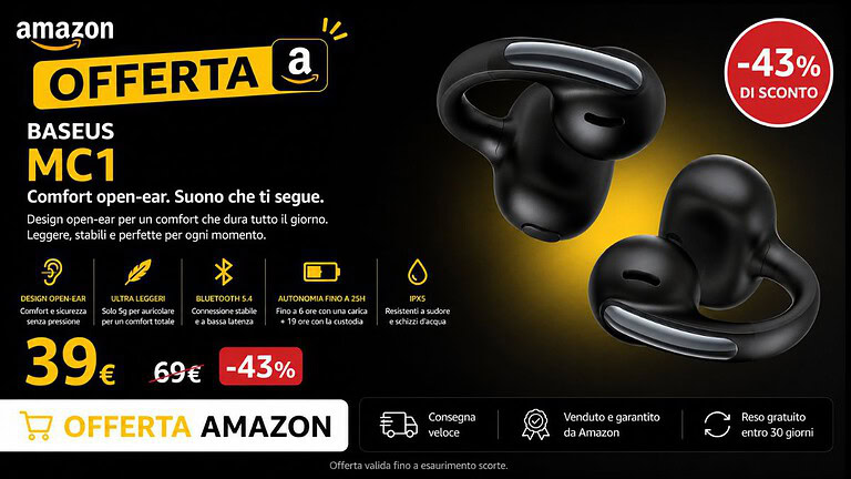 Baseus Bowie MC1: auricolari aperti a clip al minimo storico su Amazon