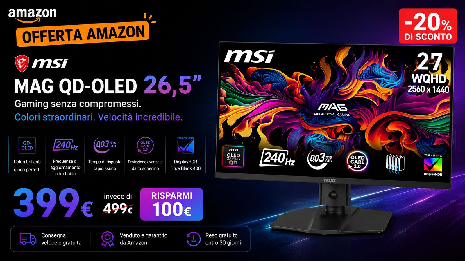 MSI MAG QD-OLED 26,5" al prezzo minimo storico su Amazon