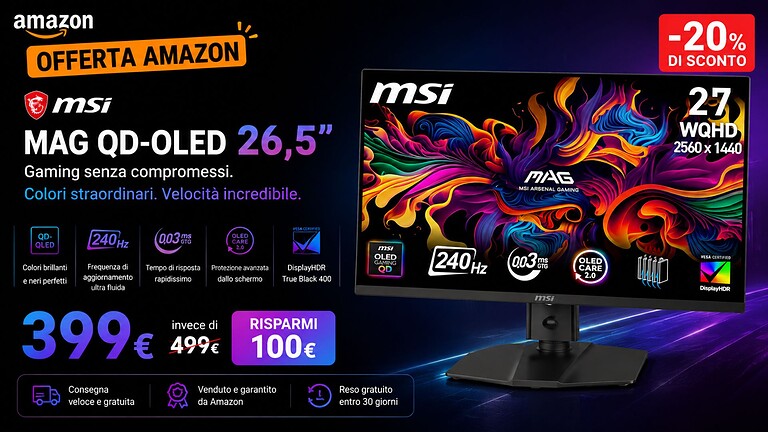 MSI MAG QD-OLED 26,5" al prezzo minimo storico su Amazon