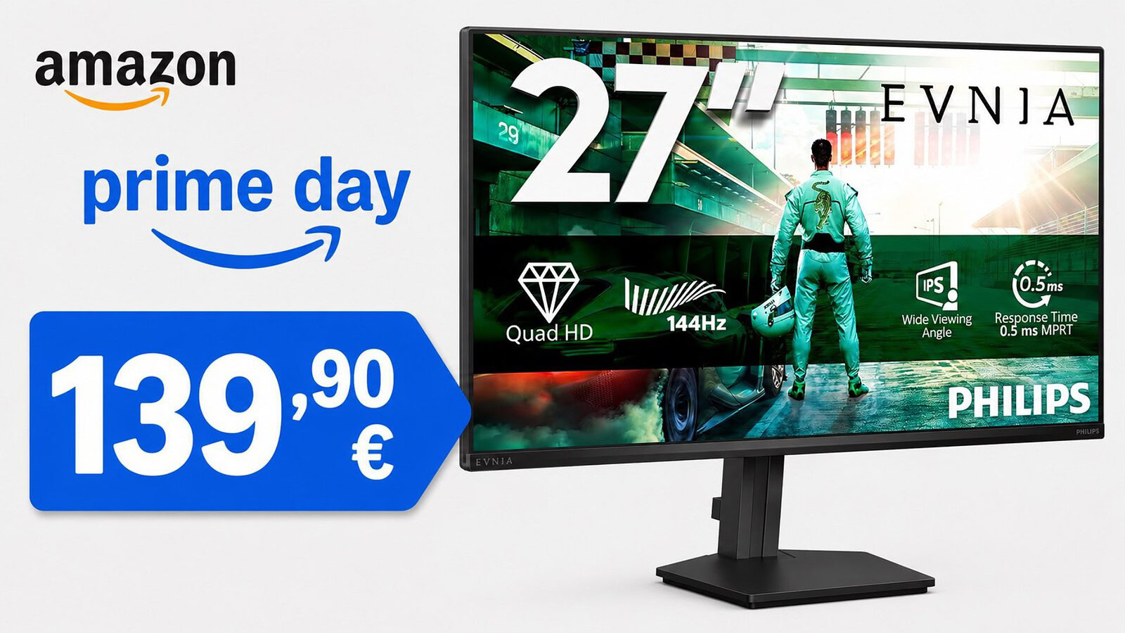 Monitor Philips Evnia WQHD 27" a 139€: gaming 144 Hz in offerta ai Prime Day