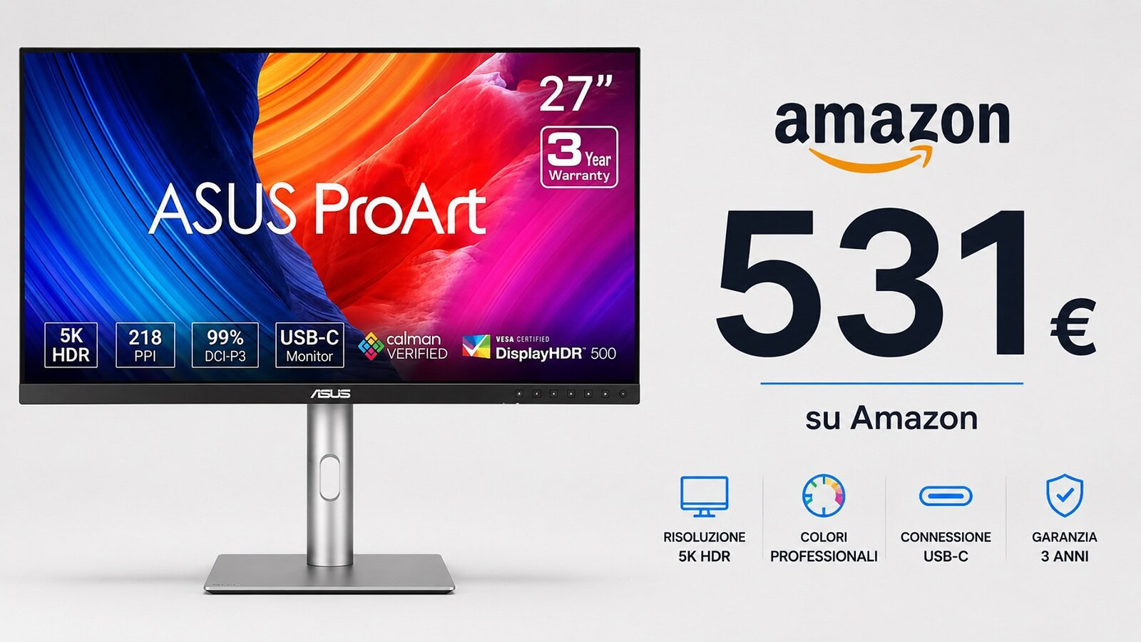 Monitor ASUS ProArt da 27 pollici in sconto del 33% su Amazon: l'occasione da non perdere