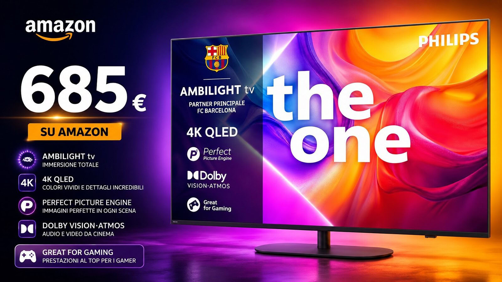 Philips Ambilight 'The One' QLED 4K 65" al minimo storico su Amazon