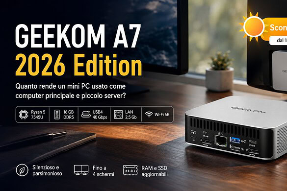GEEKOM A7 2026 Edition in offerta estiva: il mini PC con Ryzen 5 7545U sconta il 15%