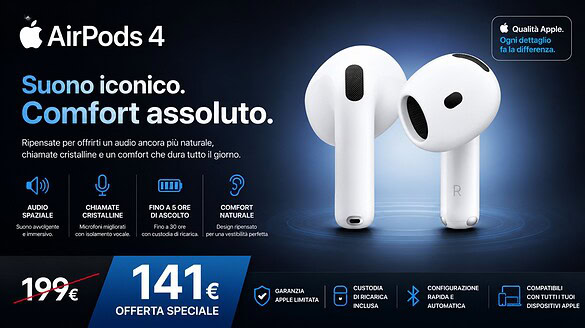 AirPods 4 in offerta al Prime Day: ANC e USB-C a 141 euro