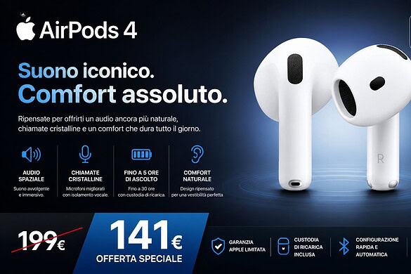 AirPods 4 in offerta al Prime Day: ANC e USB-C a 141 euro