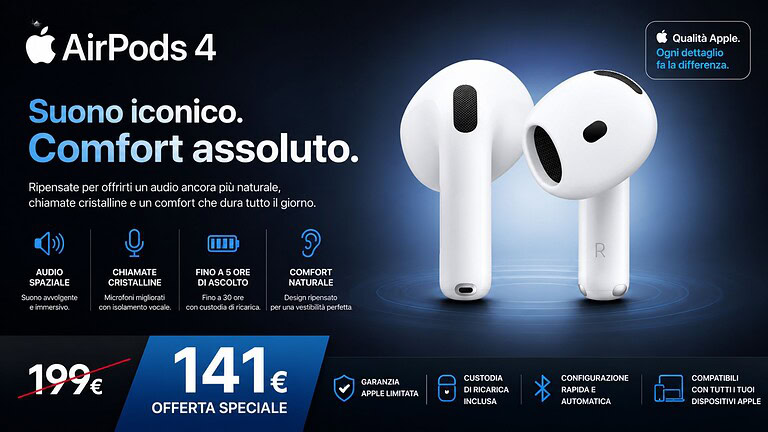 AirPods 4 in offerta al Prime Day: ANC e USB-C a 141 euro