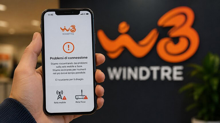 WindTre down oggi: disservizi su rete fissa e mobile in tutta Italia