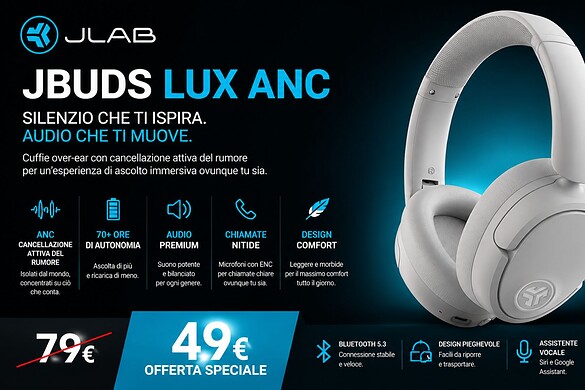 JLab JBuds LUX ANC in offerta: 70 ore di autonomia e ANC a 43,99€