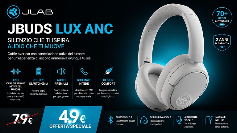 JLab JBuds LUX ANC in offerta: 70 ore di autonomia e ANC a 43,99€