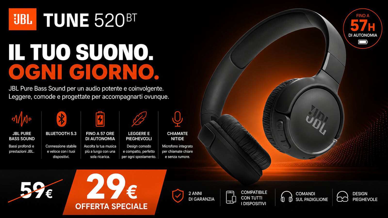JBL Tune 520BT crollano del 51% col Prime Day: 57 ore a 29 euro