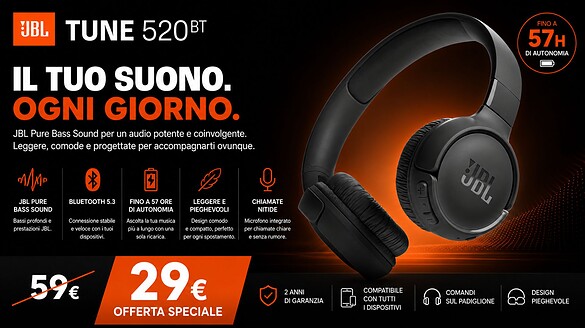 JBL Tune 520BT crollano del 51% col Prime Day: 57 ore a 29 euro