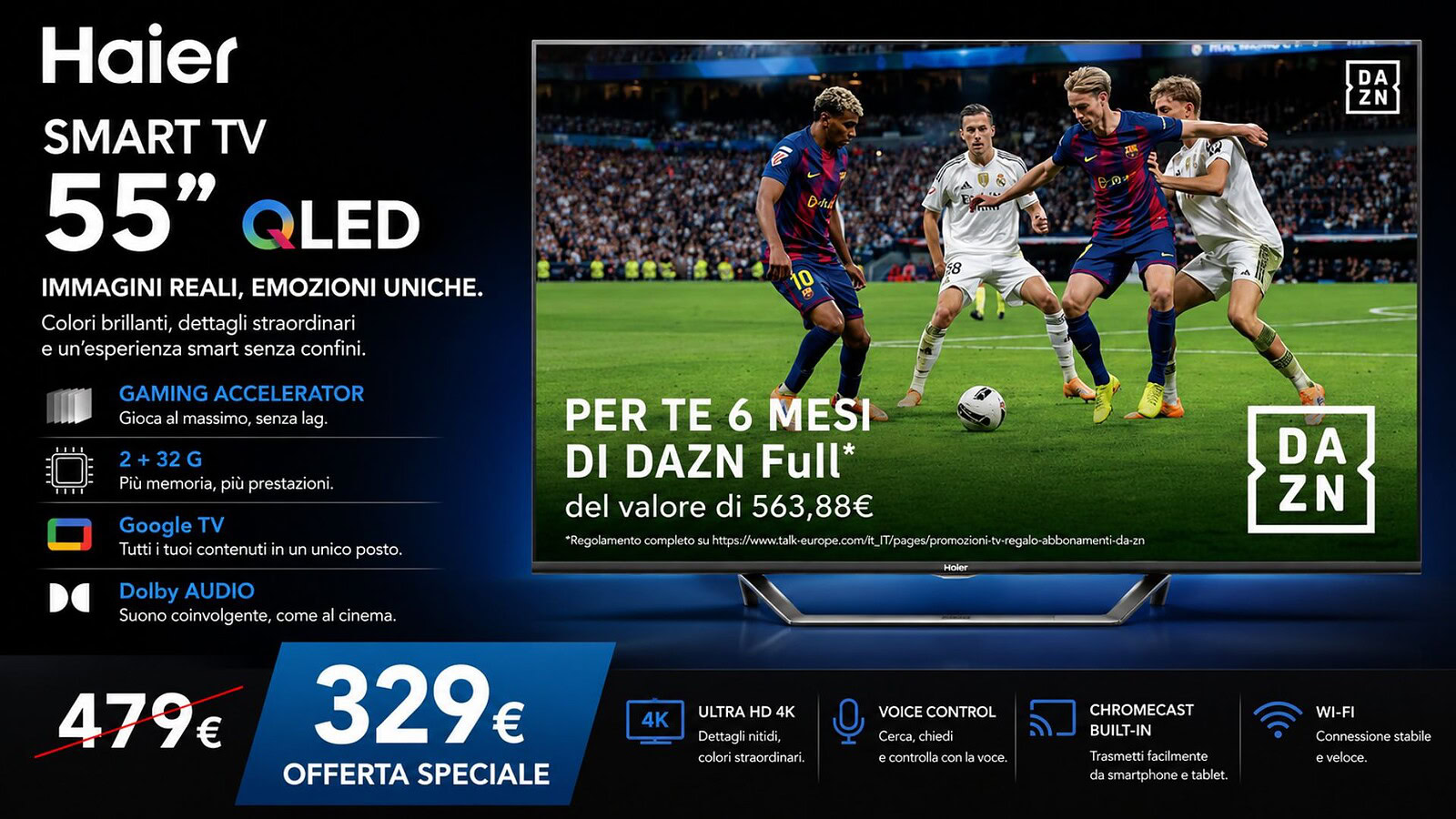 Smart TV QLED Haier 55" a 329€: 120Hz, HDMI 2.1 e 6 mesi di DAZN