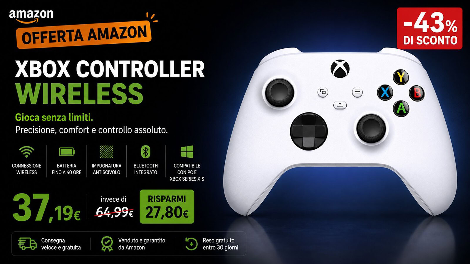 Xbox Wireless Controller in offerta su Amazon: sconto del 39%