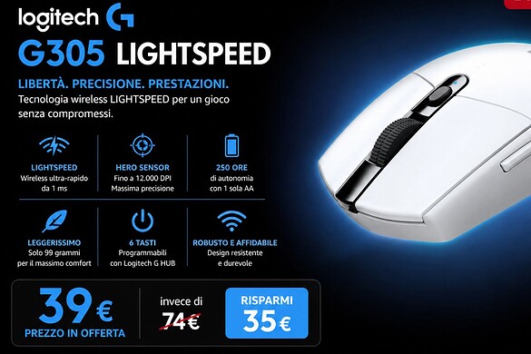 Logitech G305 al minimo storico: mouse gaming wireless a 39€ su Amazon