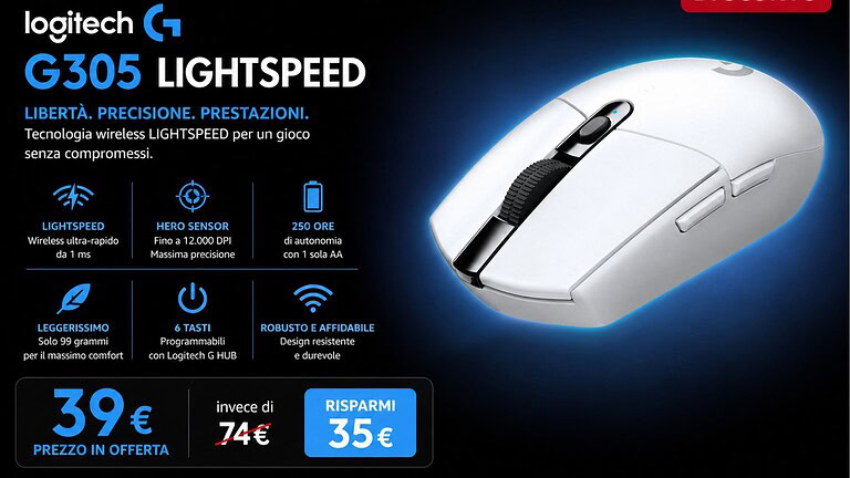 Logitech G305 al minimo storico: mouse gaming wireless a 39€ su Amazon