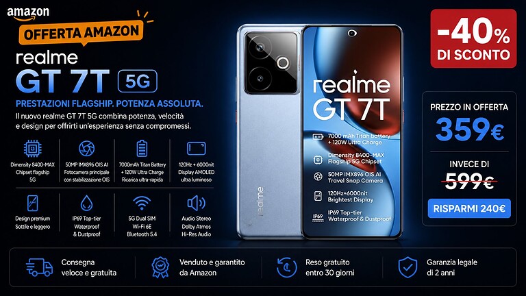 realme GT 7T al minimo storico: flagship a 360 euro con batteria da 7000 mAh