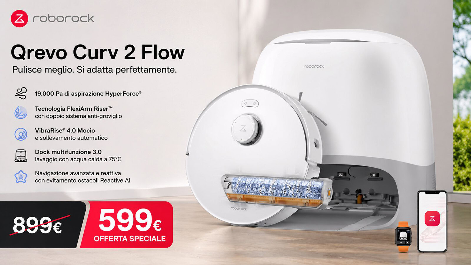Roborock Qrevo Curv 2 Flow crolla a 599€ su Amazon: sconto di 300€