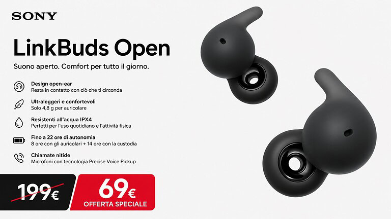 Sony LinkBuds Open in offerta: sconto del 65% su Amazon, prezzo crollato