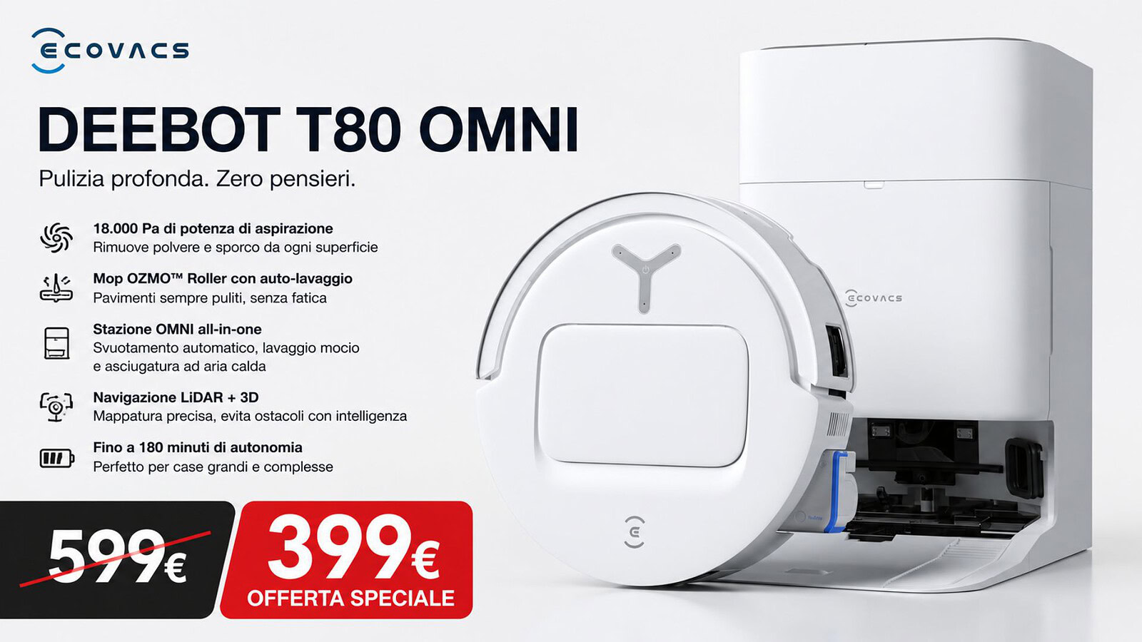 ECOVACS DEEBOT T80 in offerta su Amazon: aspira e lava a 399 euro