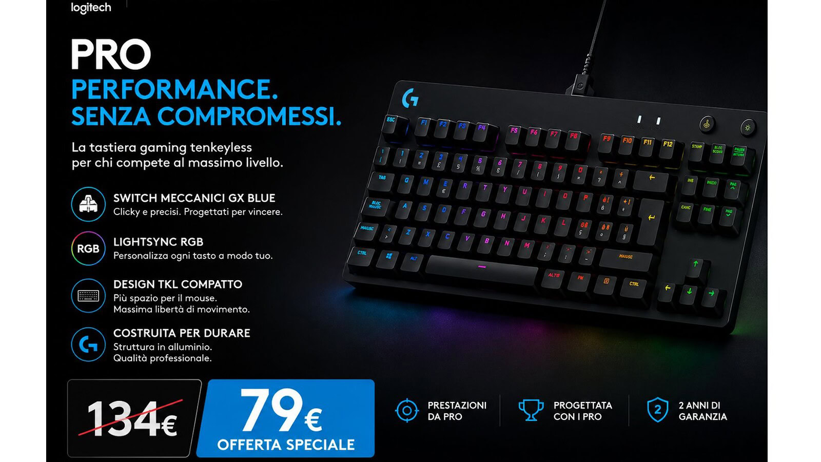 Logitech G PRO TKL crolla a 79,99€ su Amazon: sconto del 41%