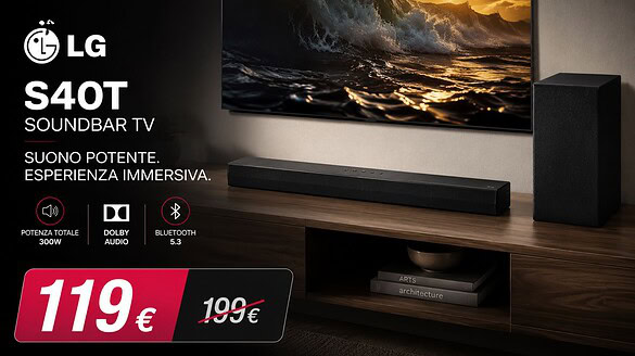 LG S40T in offerta su Amazon: soundbar 2.1 da 300W a 119 euro