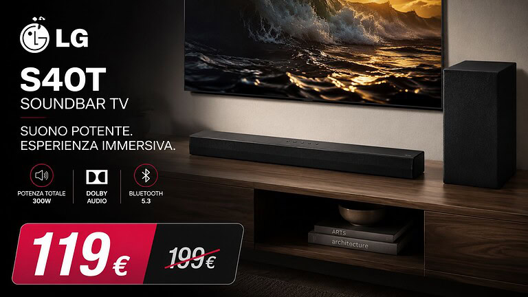 LG S40T in offerta su Amazon: soundbar 2.1 da 300W a 119 euro