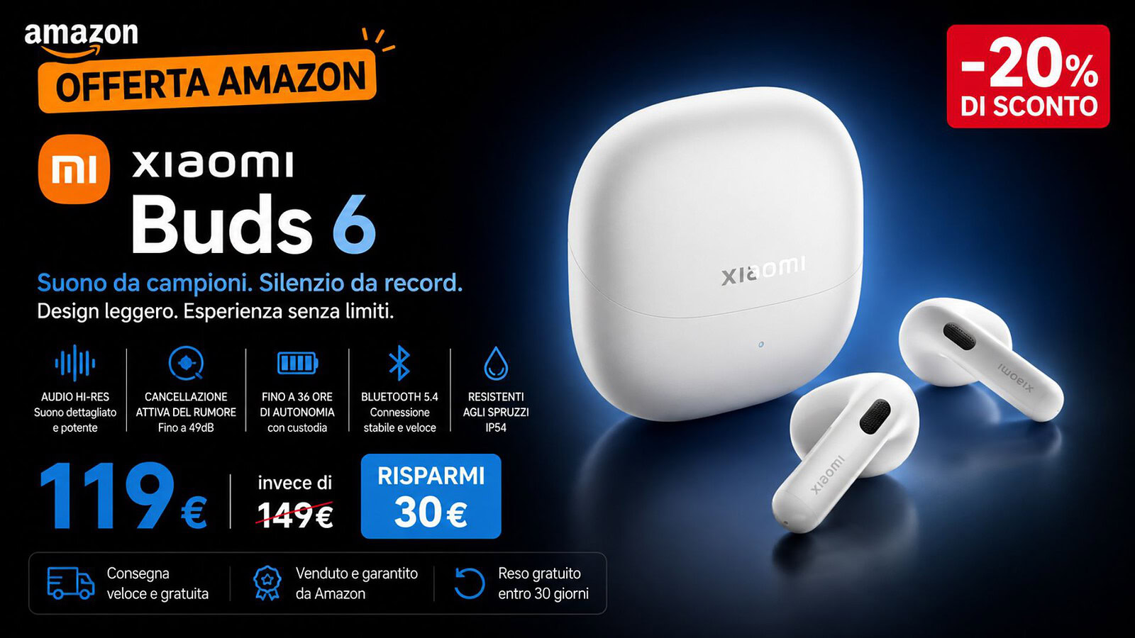 Xiaomi Buds 6 in offerta su Amazon: ANC e 35 ore di autonomia