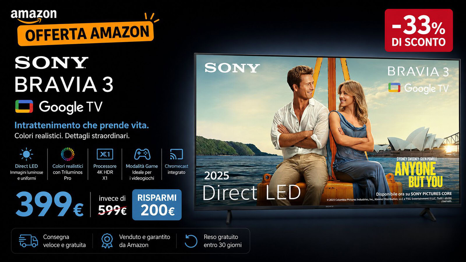 Sony BRAVIA 3 al minimo storico su Amazon: 4K e Google TV in offerta