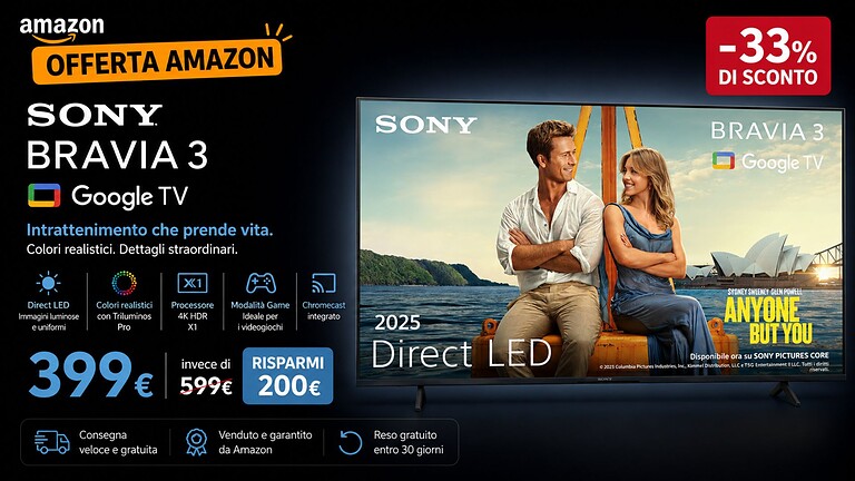 Sony BRAVIA 3 al minimo storico su Amazon: 4K e Google TV in offerta