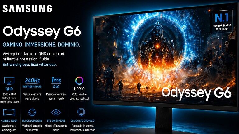 Samsung Odyssey G6 in offerta a 282€ su Amazon: QHD a 350Hz al 43% in meno