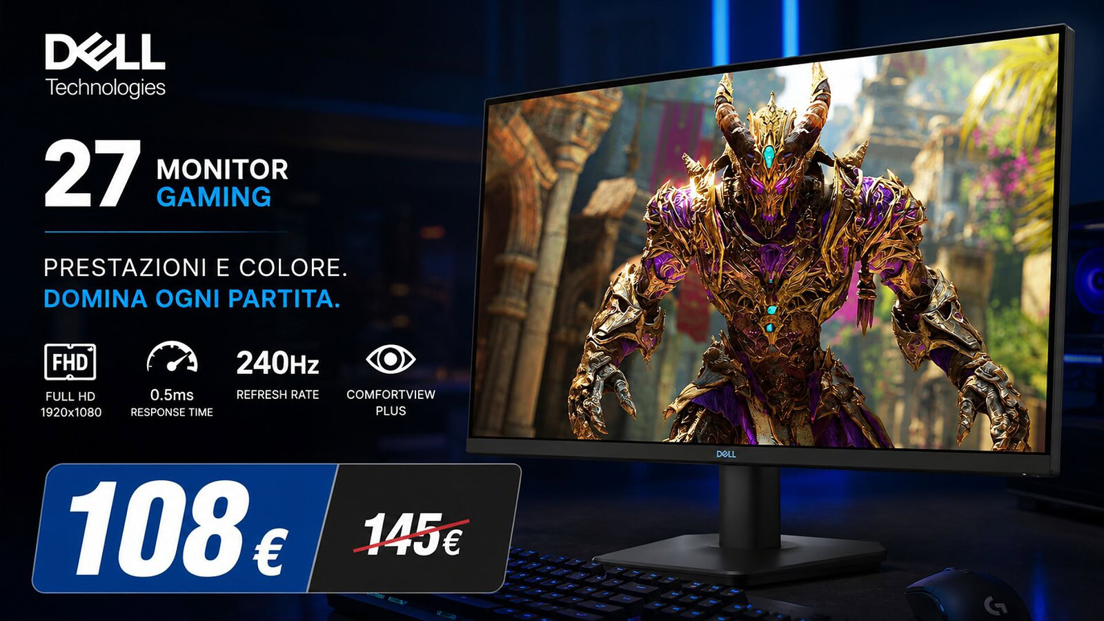 Monitor gaming Dell a 108€: 240 Hz e Fast IPS in offerta su Amazon